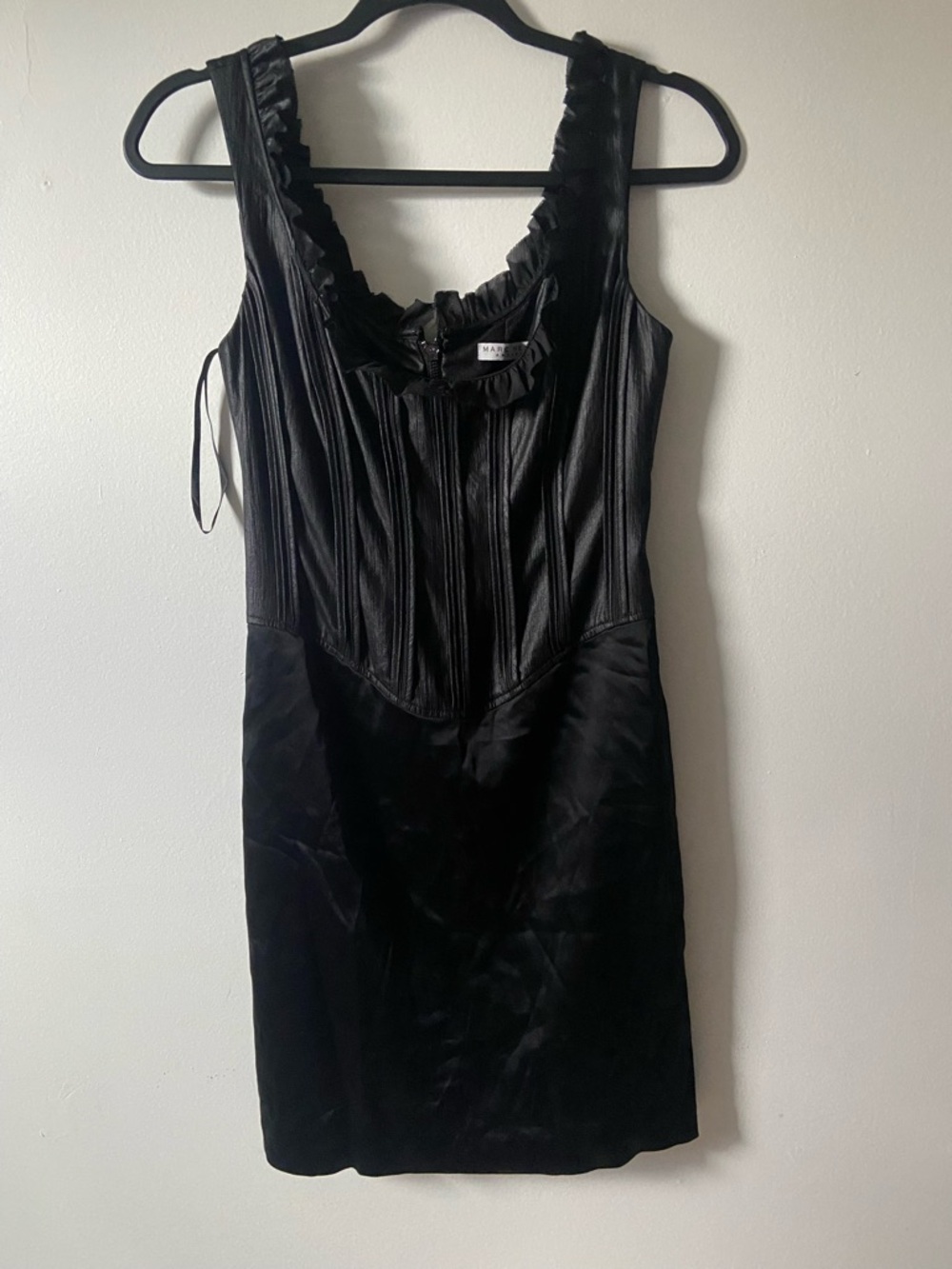 Maje Black Satin and Faux-Leather Ruffle-Trim Mini Dress
